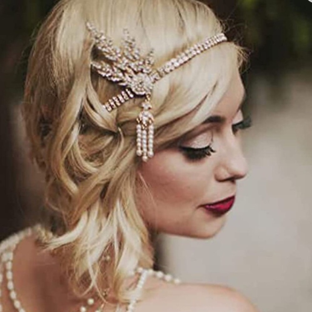 1920's Flapper Leaf & Pearl Rose Gold Rhinestones Gatsby Bride Headband